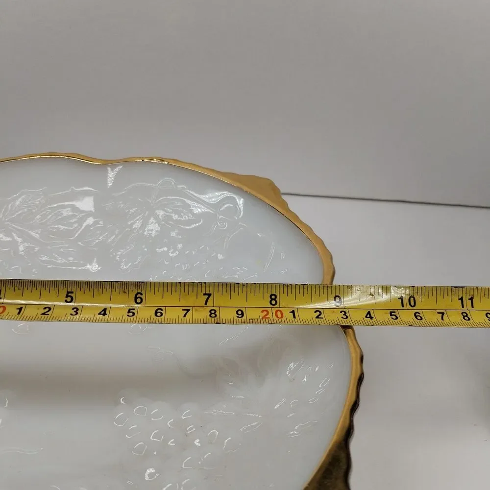 Anchor‎ Hocking Grape Leaves Milk Glass Low Pedestel Square Bowl With Gold Trim